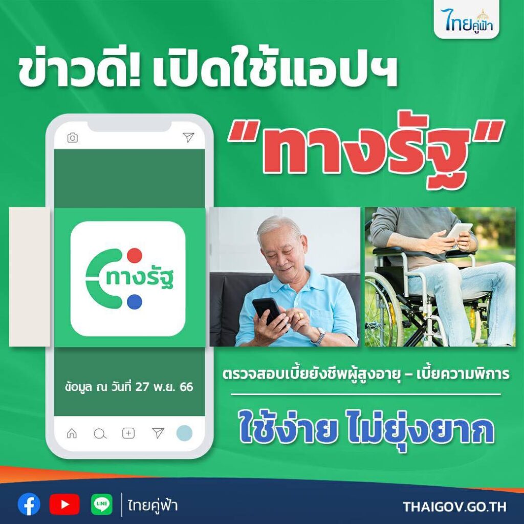 ข่าวดี! เปิดใช้แอปฯ “ทางรัฐ” ตรวจสอบเบี้ยยังชีพผู้สูงอายุ – เบี้ยความพิการ ใช้ง่าย ไม่ยุ่งยาก . อีกหนึ่งความก้าวหน้าในการนำเทคโนโลยีดิจิทัล มาเป็นเครื่องมือสำคัญในการสร้างสรรค์บริการ ล่าสุด กระทรวงมหาดไทย ร่วมกับ สำนักนายกรัฐมนตรี โดยสำนักงานพัฒนารัฐบาลดิจิทัล (สพร.) เปิดบริการตรวจสอบเบี้ยยังชีพผู้สูงอายุ และเบี้ยความพิการ ผ่าน Super App “ทางรัฐ” ให้ประชาชนสามารถตรวจสอบข้อมูลได้อย่างรวดเร็ว ปลอดภัย ใช้งานได้ทุกที่ทุกเวลาตลอด 24 ชั่วโมง . ถือเป็นก้าวสำคัญสู่สังคมดิจิทัล และพัฒนาภาครัฐสู่การเป็น Digital Government ตามนโยบายรัฐบาล ซึ่งใช้การบริหารจัดการข้อมูลกลาง (Portal) ที่เชื่อมโยงข้อมูลถึงกัน ลดขั้นตอนเข้าถึงบริการ ประชาชนสามารถใช้บริการได้สะดวก ผ่านแอปพลิเคชันบนมือถือ ลดขั้นตอน และลดการใช้เอกสารต่าง ๆ